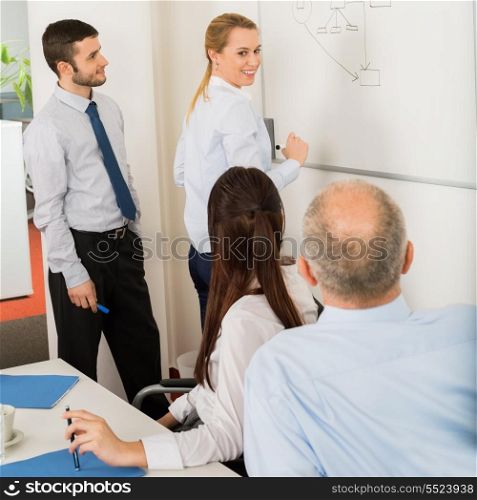 Business team planning strategy on whiteboard in boardroom meeting