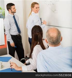 Business team planning strategy on whiteboard in boardroom meeting