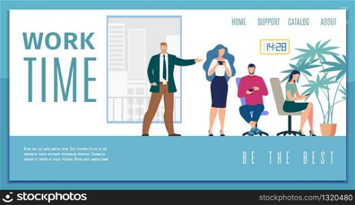 Business Team Time Management and Work Efficiency, Working Time Calculation Service Flat Vector Web Banner, Landing Page Template. Boss Complaining on Company Employees Using Smartphones Illustration