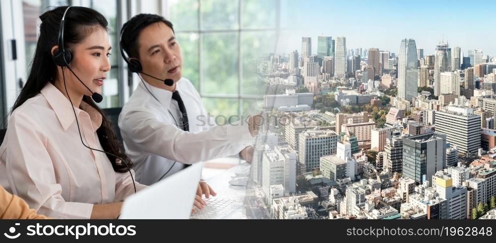 Business team wearing headset working actively in office . Call center, telemarketing, customer support agent provide service on telephone video conference call.. C1-C3
