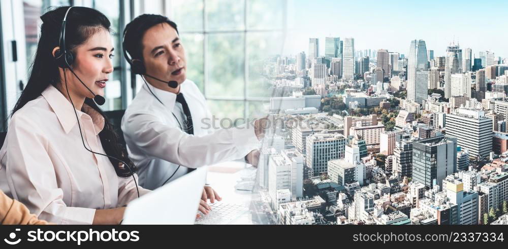 Business team wearing headset working actively in office . Call center, telemarketing, customer support agent provide service on telephone video conference call.. Business team wearing headset working actively in office