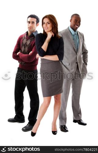 Business team with a beautiful Caucasian woman in front of an African and Caucasian men in suits, isolated