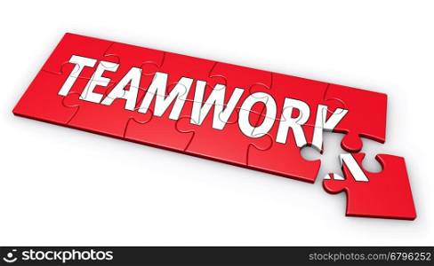 Business team work, collaboration and partnership concept with teamwork word on a red puzzle illustration isolated on white background.