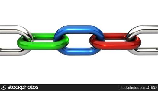 Business teamwork, collaboration and partnership concept with a steel chain and rings in different colors 3D illustration isolated on white background.