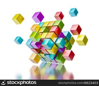 Business teamwork collaboration communication concept - colorful color cubes assembling into  cubic structure isolated on white with reflection. Business teamwork internet communication concept