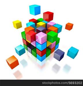 Business teamwork internet communication concept - colorful color cubes assembling into cubic structure isolated on white with reflection