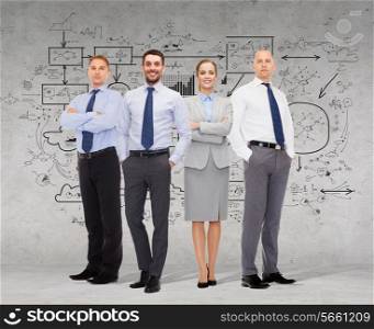 business, teamwork, planning and people concept - group of smiling businessmen over gray concrete wall with scheme drawing background