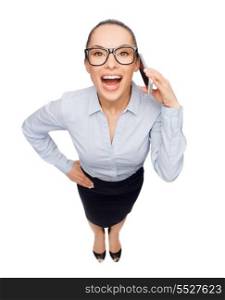 business, technilogy, communication and office concept - businesswoman in eyeglasses with smartphone talking to someone