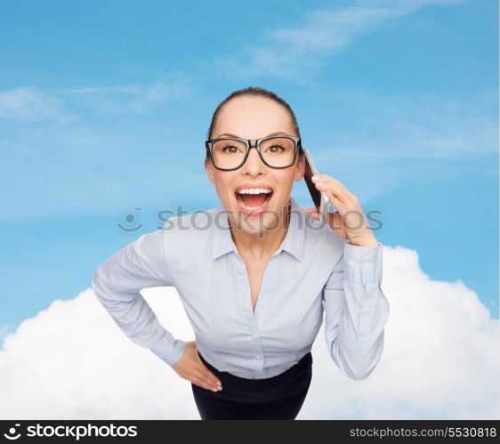 business, technilogy, communication and office concept - businesswoman in eyeglasses with smartphone talking to someone