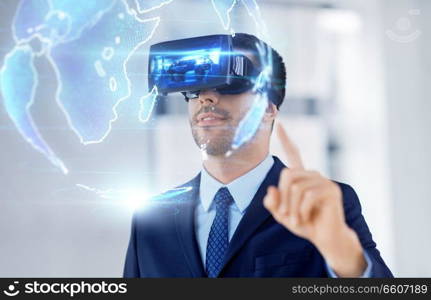 business, technology and augmented reality concept - businessman with vr headset and earth globe hologram at office. businessman with virtual reality headset at office