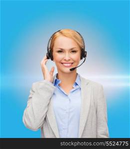 business, technology and call center concept - friendly female helpline operator with headphones