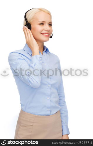 business, technology and call center concept - friendly female helpline operator with headphones