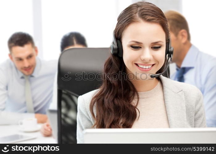 business, technology and call center concept - helpline operator with headphones in call centre