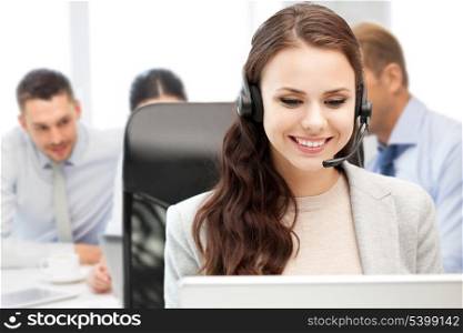 business, technology and call center concept - helpline operator with headphones in call centre