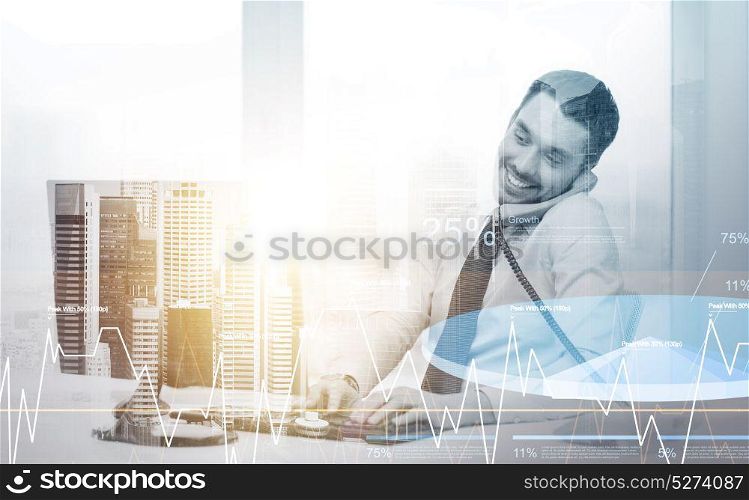 business, technology and communication concept - smiling businessman calling on phone at office with charts over city background and double exposure effect. businessman with computer calling phone at office