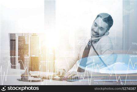 business, technology and communication concept - smiling businessman calling on phone at office with charts over city background and double exposure effect. businessman with computer calling phone at office