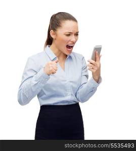 business, technology and education concept - screaming businesswoman with smartphone