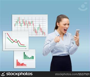 business, technology and education concept - screaming businesswoman with smartphone