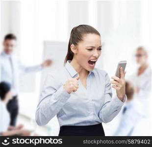 business, technology and education concept - screaming businesswoman with smartphone in office