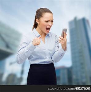 business, technology and education concept - screaming businesswoman with smartphone outside