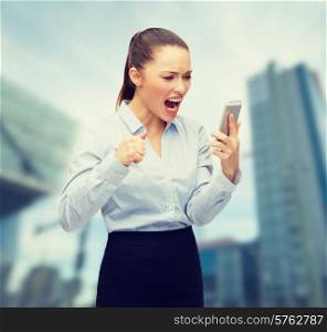 business, technology and education concept - screaming businesswoman with smartphone outside