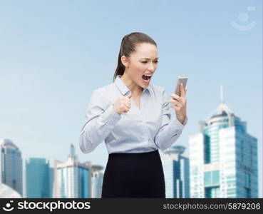 business, technology and education concept - screaming businesswoman with smartphone outside