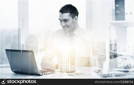 business, technology and finances concept - smiling businessman with laptop computer and documents at office over city background and double exposure effect. smiling businessman with laptop and documents