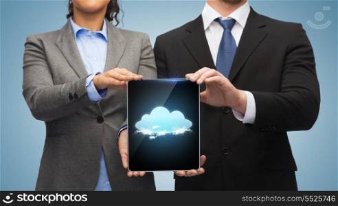business, technology and internet concept - businessman and businesswoman with cloud on tablet pc screen