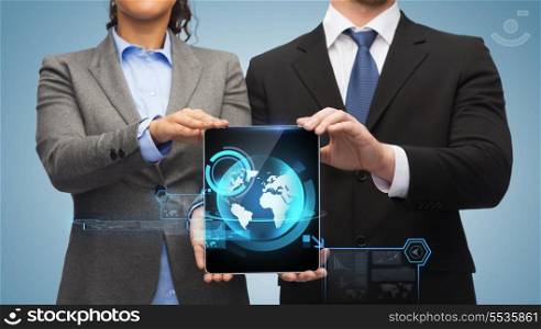 business, technology and internet concept - businessman and businesswoman with globe on tablet pc computer screen