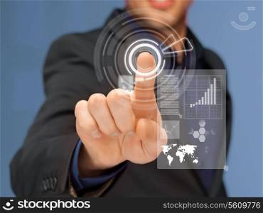 business, technology and internet concept - businessman in suit pressing virtual button