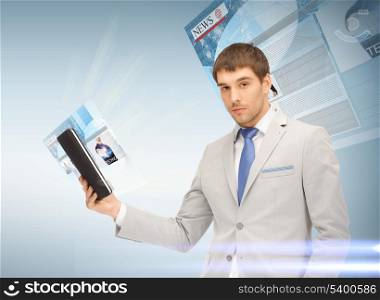 business, technology and internet concept - businessman with tablet pc reading news