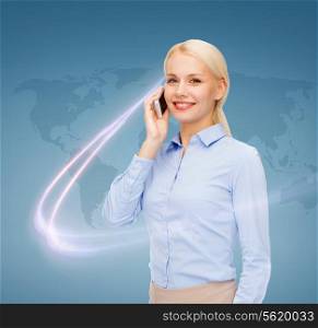 business, technology and internet concept - businesswoman with smartphone over blue background