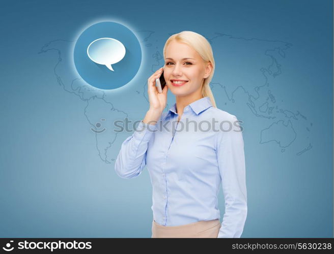 business, technology and internet concept - businesswoman with smartphone over blue background