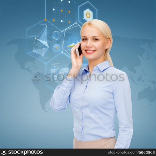 business, technology and internet concept - businesswoman with smartphone over blue background