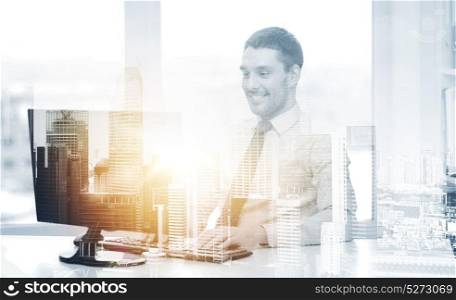 business, technology and internet concept - smiling businessman with computer at office over city background and double exposure effect. smiling businessman with computer at office