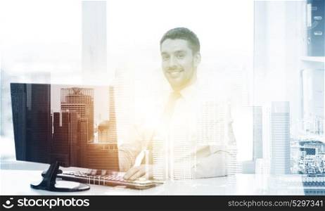 business, technology and internet concept - smiling businessman with computer at office over city background and double exposure effect. smiling businessman with computer at office