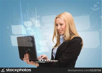 business, technology and internet concept - smiling woman with laptop computer