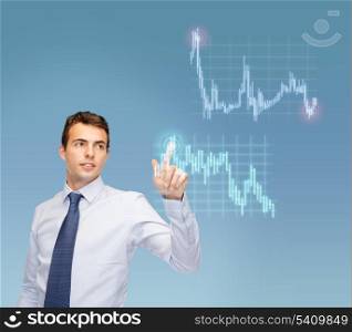 business, technology and money concept - businessman working with forex chart on virtual screen