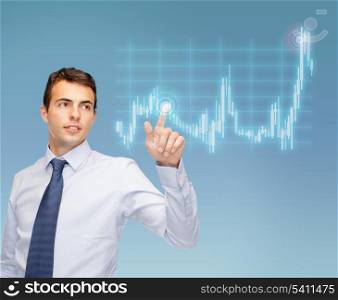 business, technology and money concept - businessman working with forex chart on virtual screen