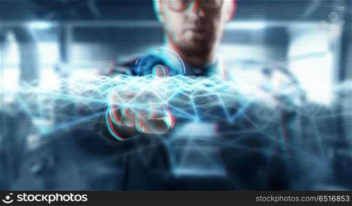 business, technology and network concept - close up of businessman in suit working with virtual screen and low poly shape projection over abstract background. close up of businessman with virtual screen. close up of businessman with virtual screen