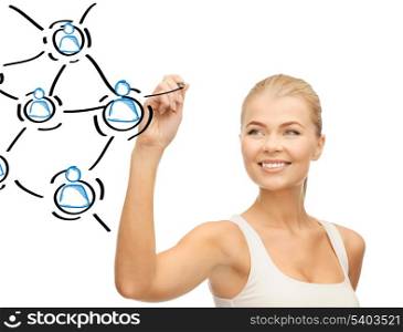 business, technology and networking concept - businesswoman with contact icons on virtual screen