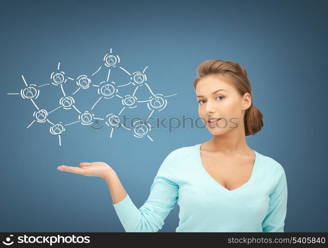 business, technology and networking concept - businesswoman with contact icons on virtual screen