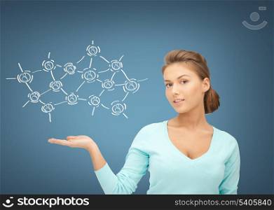 business, technology and networking concept - businesswoman with contact icons on virtual screen
