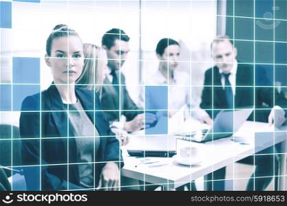 business, technology and office concept - businesswoman and business team at office k over blue squared grid background