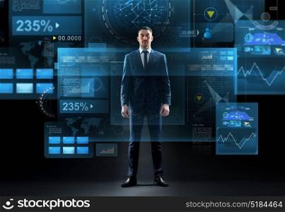 business, technology and people concept - businessman in suit and virtual screens over black background. businessman in suit over virtual screens
