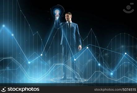 business, technology and people concept - businessman in suit touching virtual chart over black background. businessman in suit touching virtual graph