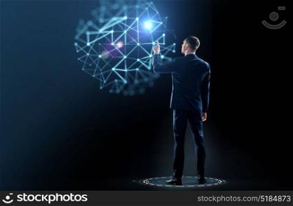 business, technology and people concept - businessman in suit touching virtual network hologram over black background. businessman in suit touching something invisible