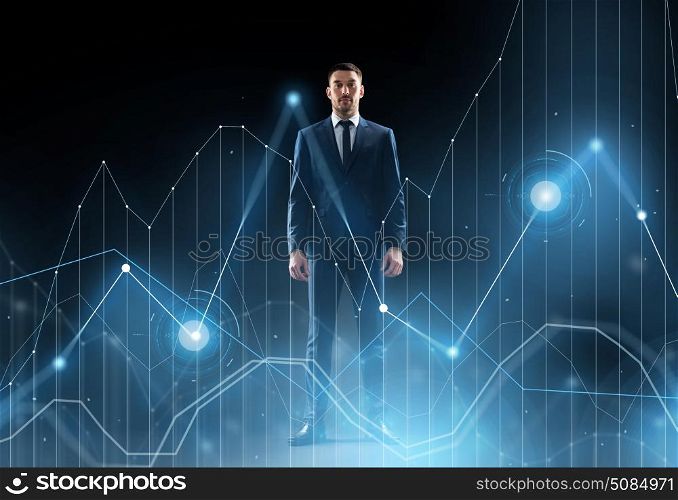 business, technology and people concept - businessman in suit with virtual chart over black background. businessman in suit over black with virtual graph. businessman in suit over black with virtual graph