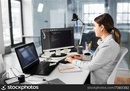 business, technology and people concept - businesswoman or programmer with computer working at office. businesswoman with computer working at office