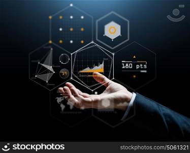 business, technology and people concept - close up of businessman hand with virtual screens over dark background. close up of businessman hand